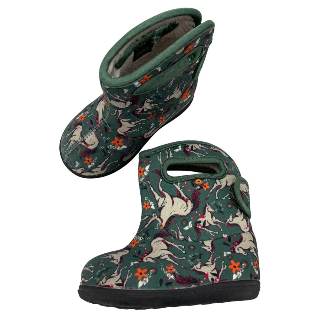 Bogs Baby Boots Green Unicorn Floral Waterproof Insulated Snow Rain Boots Size 6